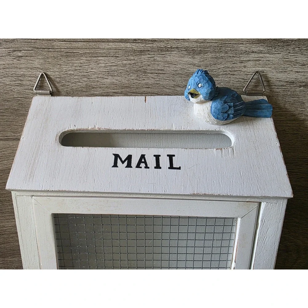 Rustic White Wood Mail Organizer Wall Mount Bluebird Farmhouse Decor Cottagecore
